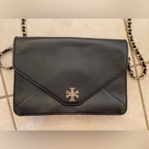 Tory Burch Black Leather Chain Crossbody with Gold Logo